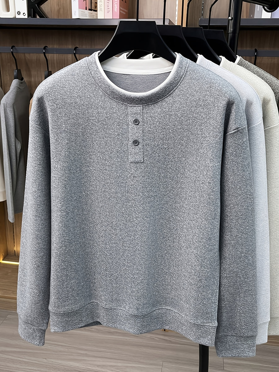 Men's Henry Collar 2-in-1 Look Knit Sweater, Simple Old Money Style, Suitable for Both Business and Casual Wear, Pairs Well with Dress Pants, Casual Pants, and Jeans - SINBOS - Medium Gray