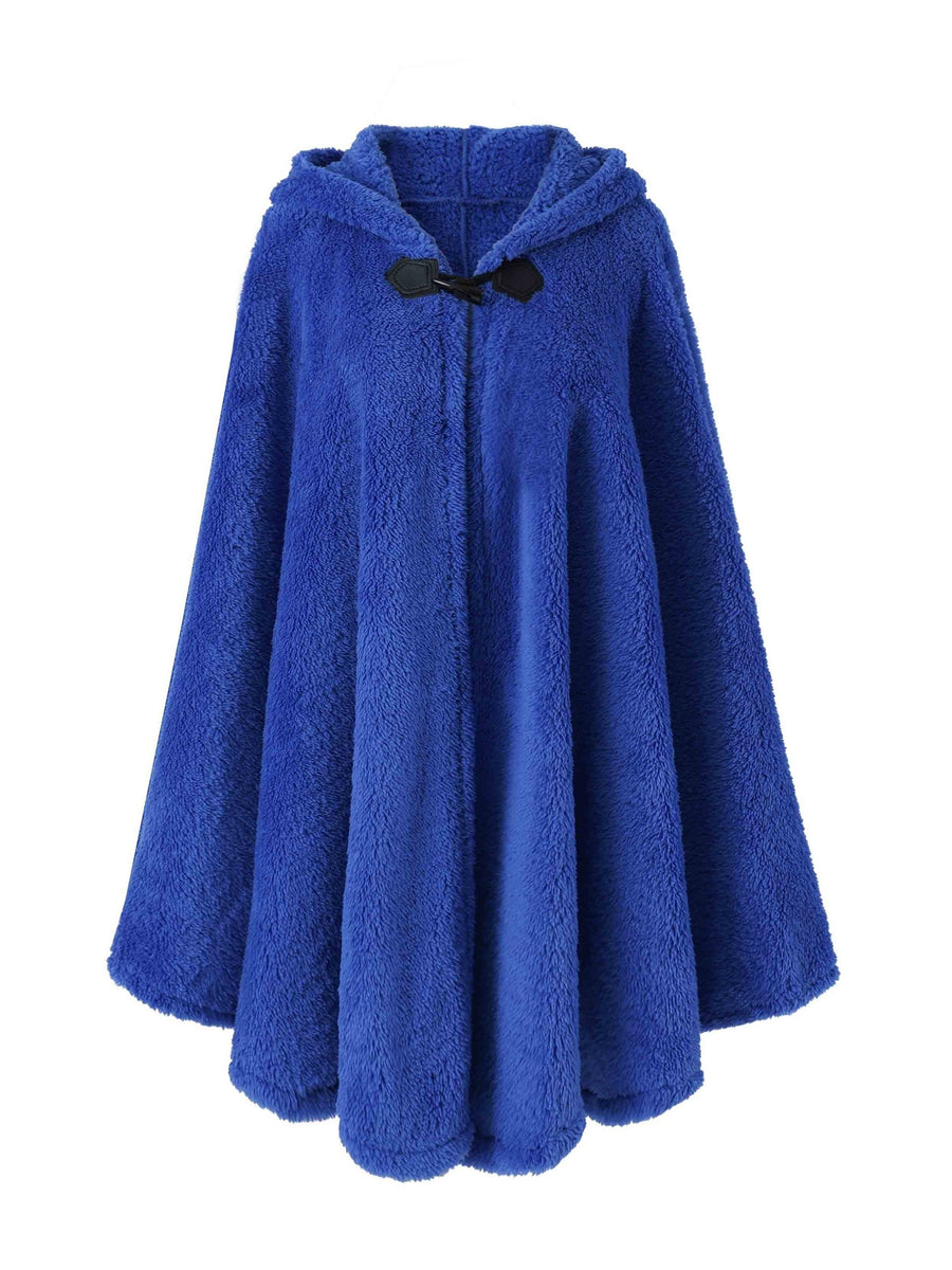 Plus Size - 1pc Faux Horn Button Size Free Solid Color Fashion Hooded Cape - Multicolor-Blue