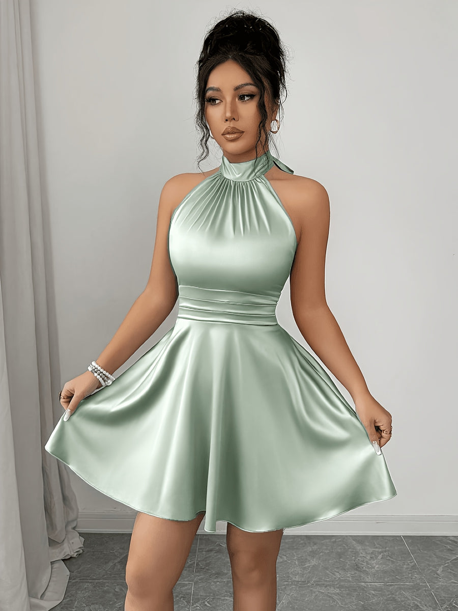 Ladies Pea Green, Fashionable Luxurious Elegant Sexy Green Satin Tie-Back Backless Mini Dress, Daily Outings, Formal Banquets, Dates, Parties, Weddings, Festivals, Spring And Summer Short Skirts, Vacations, Summer Holidays - Light Green