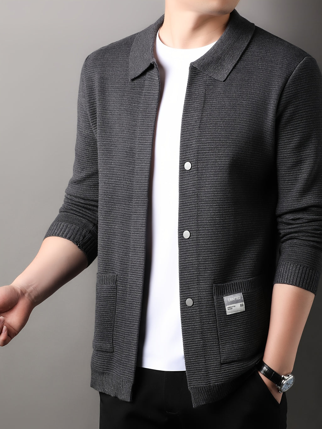 Men'S Autumn And Winter Cardigan with Long Sleeves, Casual Knitted Sweater with a Lapel - Grey