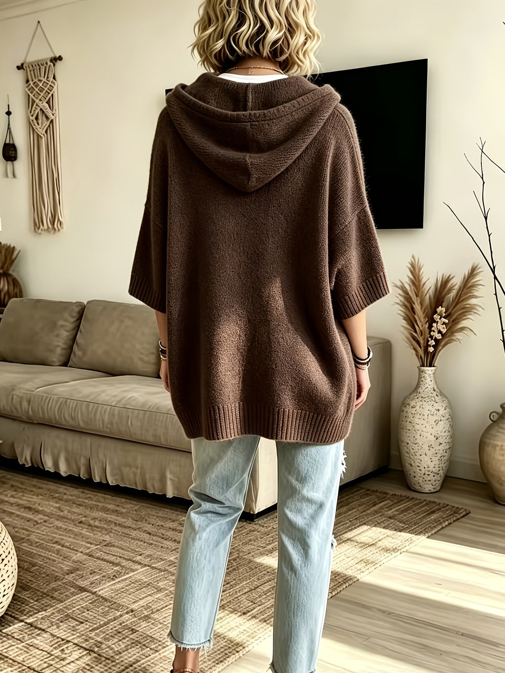 Women's Elegant Casual Three-Quarter Sleeve Drawstring Hooded Sweatshirt - Coffee Color