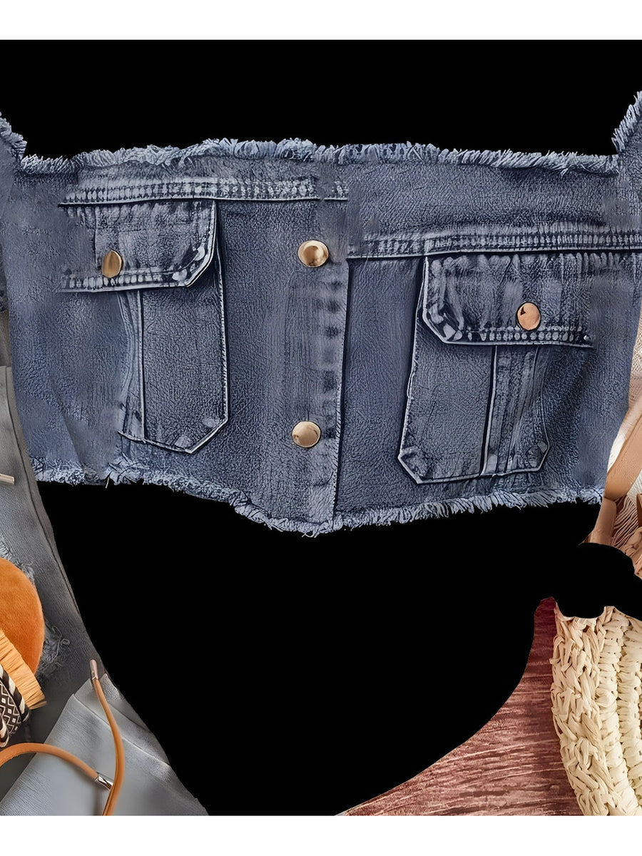 Printed Design - Textured-Free Imitation 2-in-1 Look Raw Hem Denim Vest Printed Black Short-Sleeve T-Shirt for Women, Patchwork Button Pocket Creative Pattern Crew Neck Top, Trendy Versatile Daily Casual Pullover Base Layer - Black