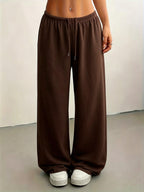 Lazy Style Solid Wide-Leg Pants Women'S High-Waist Drapey Floor-Length Trousers Versatile Casual Sweatpants - Coffee Color