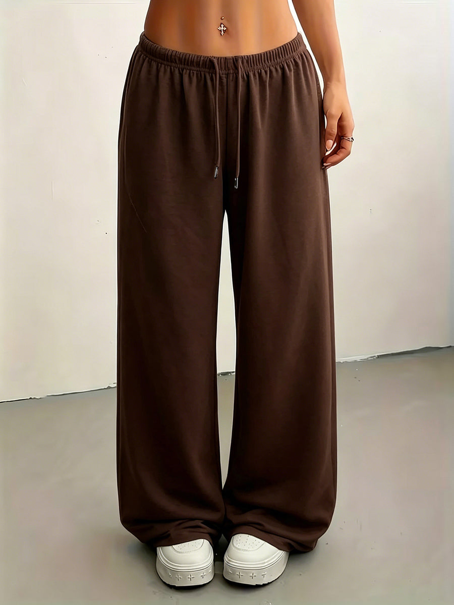 Lazy Style Solid Wide-Leg Pants Women'S High-Waist Drapey Floor-Length Trousers Versatile Casual Sweatpants - Coffee Color