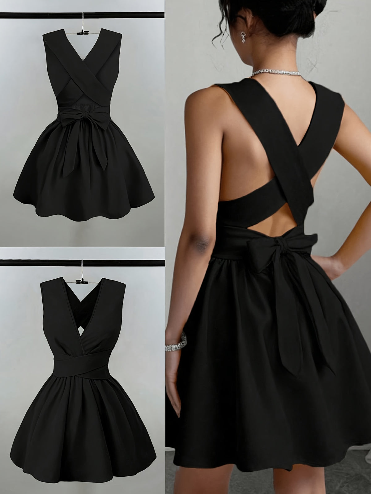 Women'S Romantic Elegant Sexy Wedding Guest Style Wearable Cross V-Neck Sleeveless A-Line Mini Dress - Black