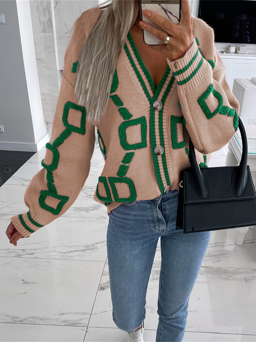 Western And American Autumn Winter New Plush Patchwork Contrast Color Sweater Cardigan Coat - Khaki