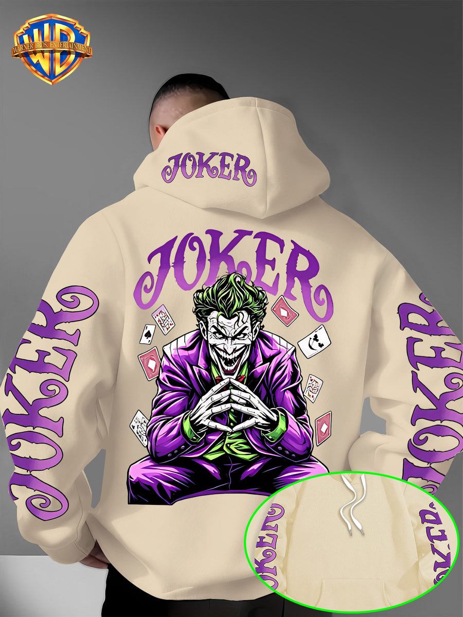 Warner Bros. Fashion Poker Joker Print, Hat Design Pattern, Multi-functional Street Style Men's Hooded Sweatshirt, Comfortable and Casual, Suitable for Autumn and Winter Wear - Apricot