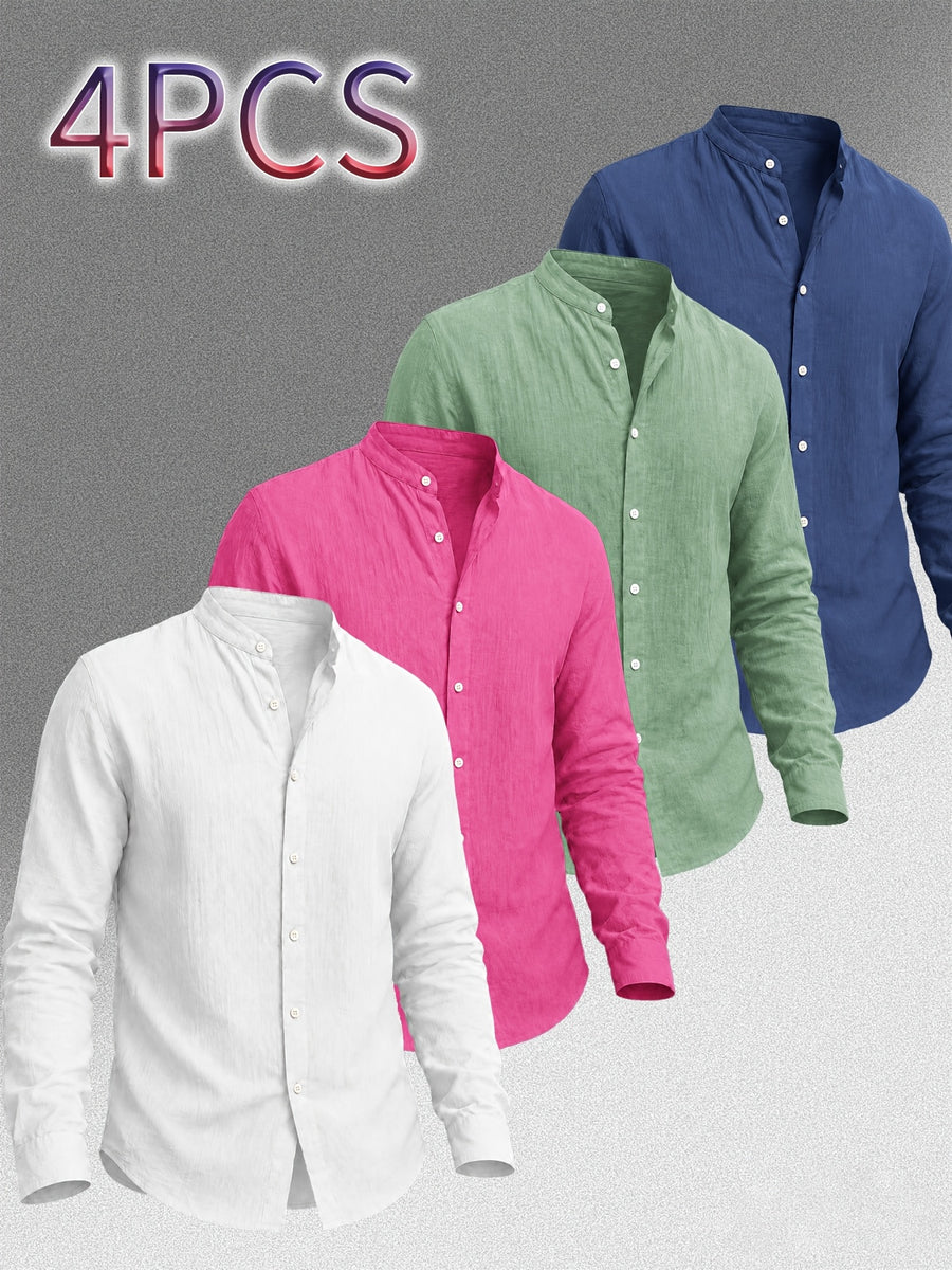 Zhiyu OBM Men's New Stand Collar Solid Color -Look Long Sleeve Shirt 4pcs Set, Simple Stand Collar Design, High-Quality Men's Long Sleeve Button- Shirt for Spring, Autumn, and Winter - Suitable for Outdoor Leisure, Vacation, Travel, and Formal Wear - White + Rose Red + Green + Navy Blue