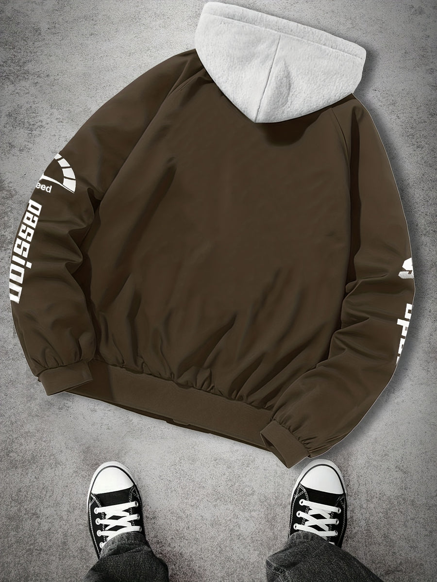 Casual American Street Racing Print Design Trendy 2-in-1 Look Hooded Jacket JK5682 - Coffee Color