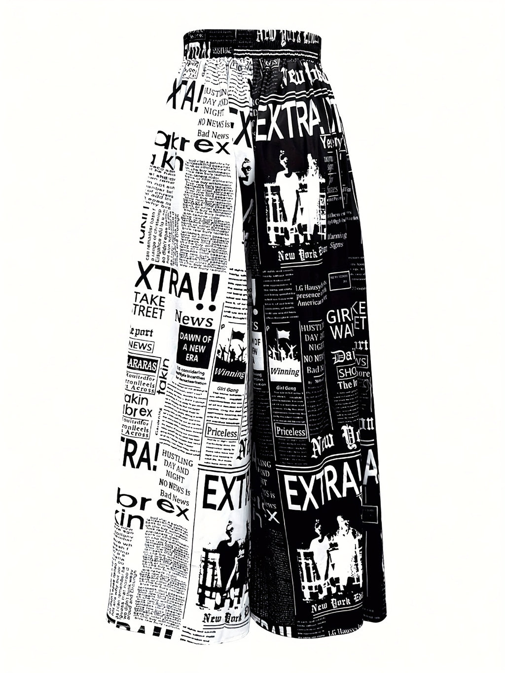 Women's High Waisted Casual Trousers, Vintage Newspaper Print Loose Wide Leg Pants, Elegant Spring Summer Fall Streetwear - Black And White Letters
