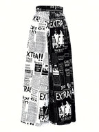 Women's High Waisted Casual Trousers, Vintage Newspaper Print Loose Wide Leg Pants, Elegant Spring Summer Fall Streetwear - Black And White Letters