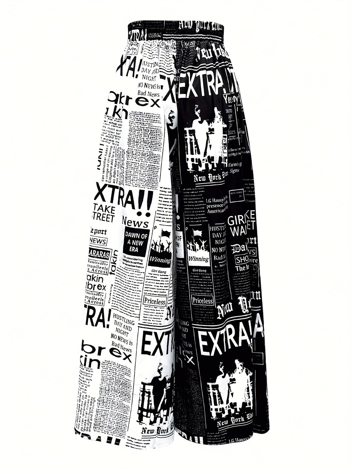 Women's High Waisted Casual Trousers, Vintage Newspaper Print Loose Wide Leg Pants, Elegant Spring Summer Fall Streetwear - Black And White Letters