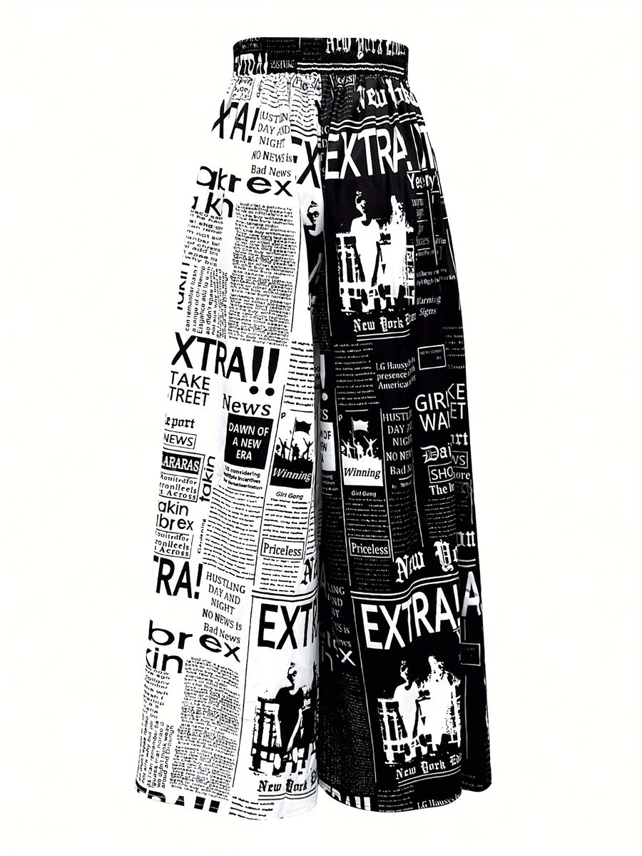 Women's High Waisted Casual Trousers, Vintage Newspaper Print Loose Wide Leg Pants, Elegant Spring Summer Fall Streetwear - Black And White Letters