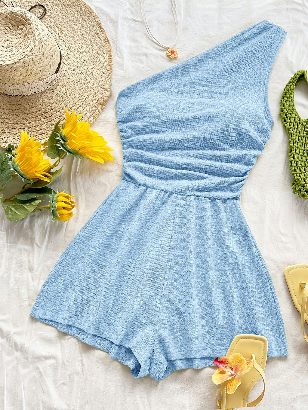 New Korean-Style Niche Jumpsuit for Women, Pure Alluring Vibe Strapless Fashionable A-Line Spicy Short Jumpsuit for Vacation Trips - Sky Blue