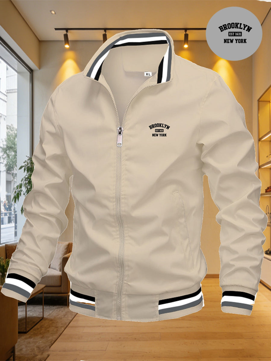 Lightweight Windproof Casual Coat with a Vintage Baseball Collar for Men, Inspired by Brooklyn, New York - Khaki