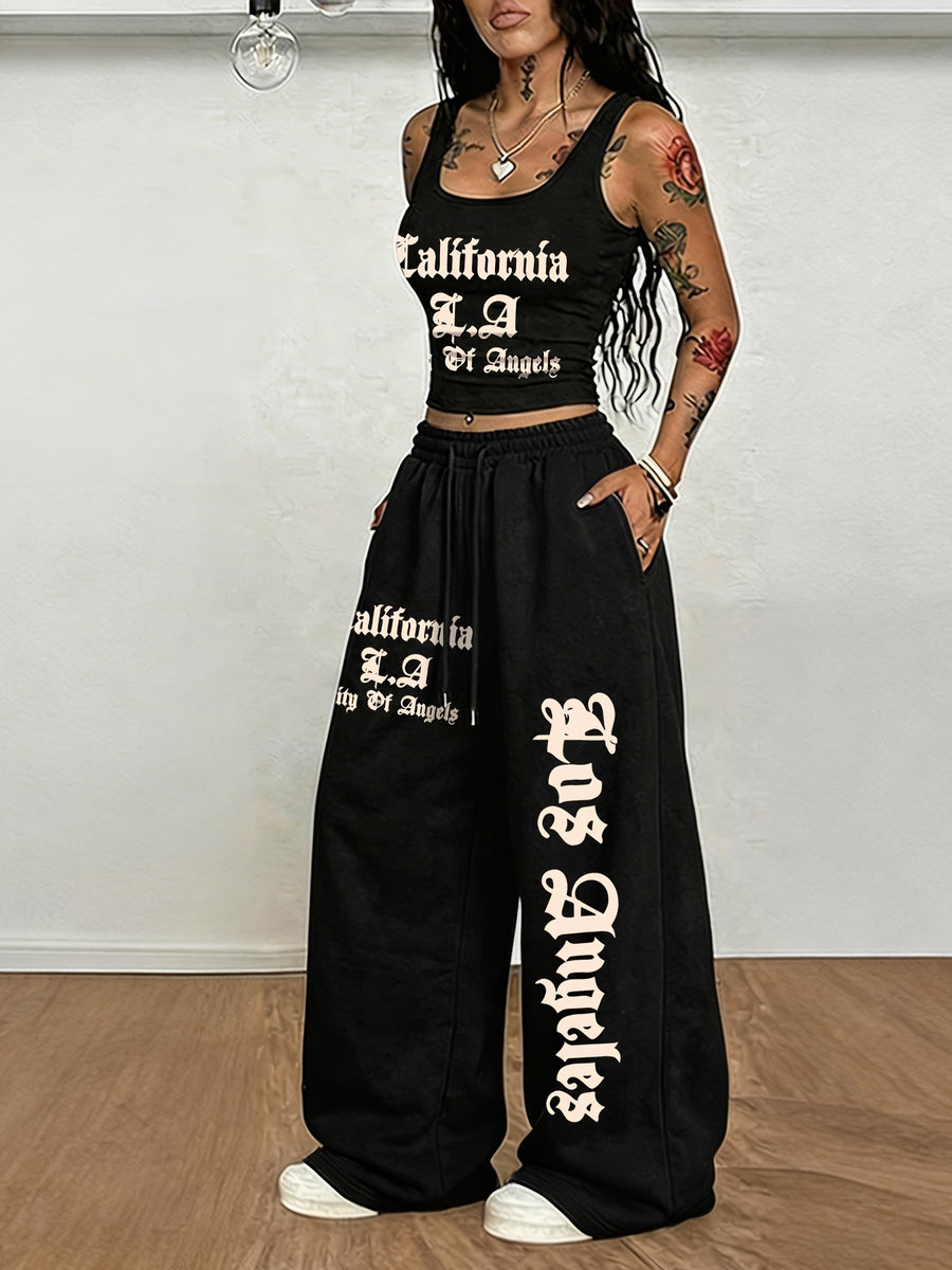 American Street Style California Los Angeles Letter Pattern Print, Women'S 2Pcss Set, Women'S Crop Top And Vest Top And Loose Waist Drawstring Casual Athletic Wide Leg Long Pants Women'S 2Pcss Set - Black+black