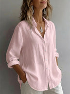 Women's Elegant Lapel Shirt, Loose Straight Fit with Long Sleeves, Lightweight, Comfortable, and Breathable Fabric, Versatile for Commuting and Casual Wear, Loose Straight Cut Flattering Design, Daily Comfortable and Relaxed Style - Pink