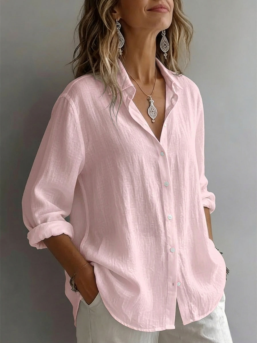 Women's Elegant Lapel Shirt, Loose Straight Fit with Long Sleeves, Lightweight, Comfortable, and Breathable Fabric, Versatile for Commuting and Casual Wear, Loose Straight Cut Flattering Design, Daily Comfortable and Relaxed Style - Pink