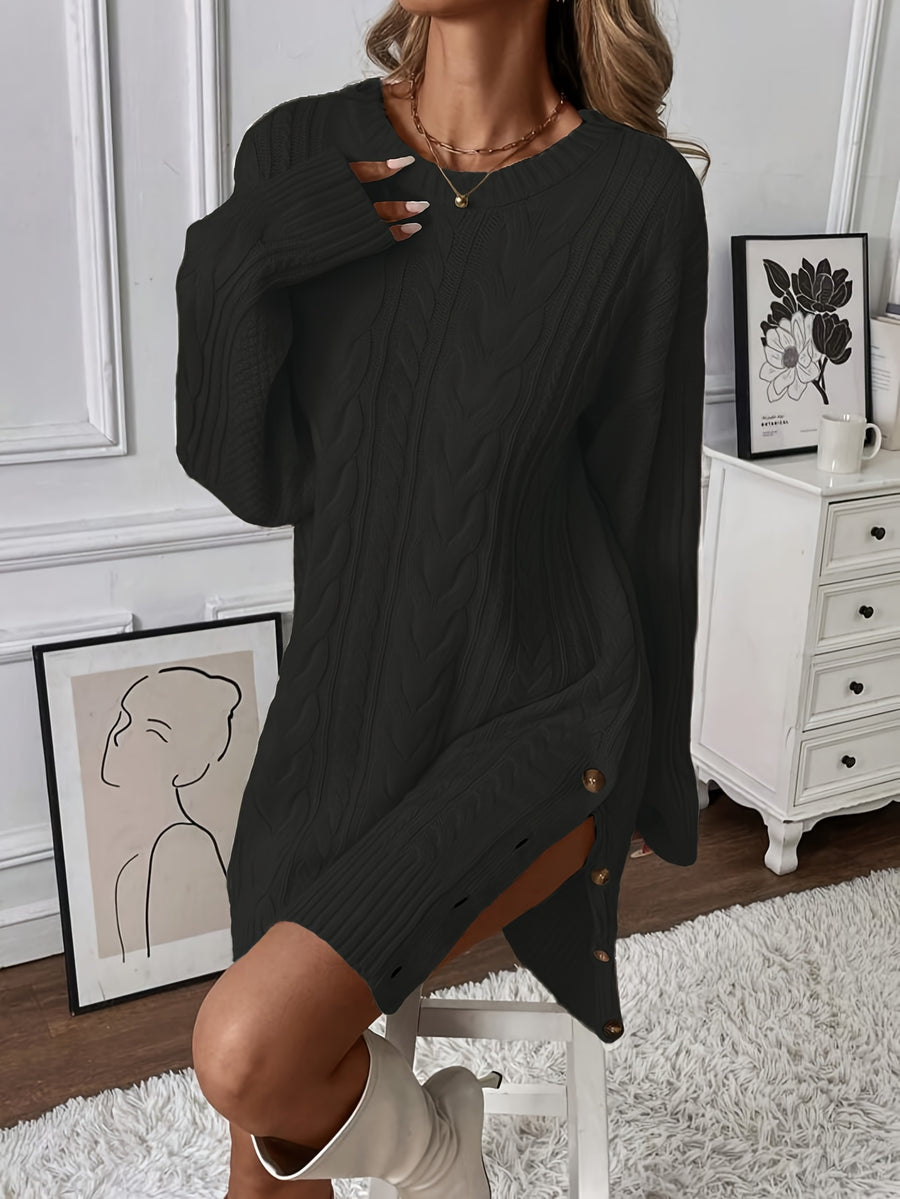 White Loose Twist Dress, Round Neck Long Sleeve, Side Button Slit Design, Comfortable and Warm, Fashionable Casual Style, Mid-Length for Elegant Appearance - Black