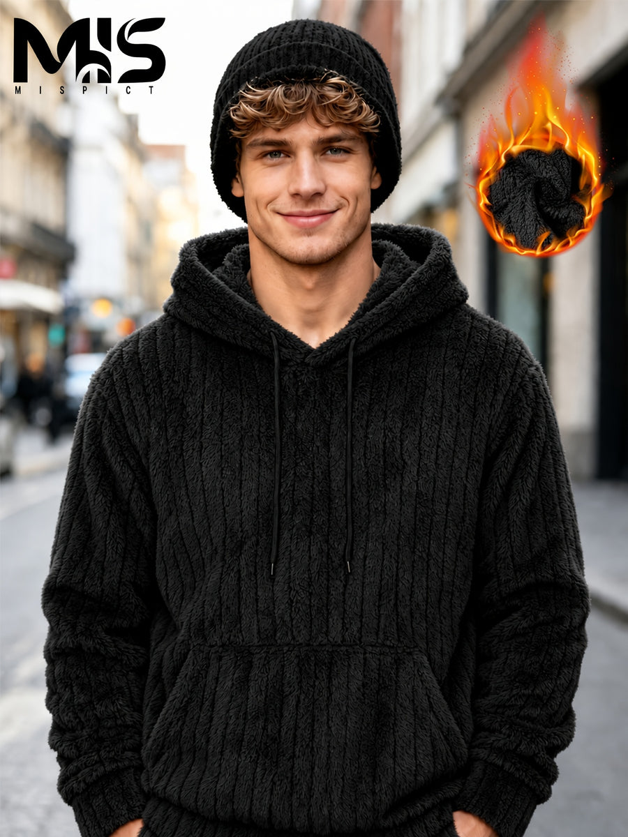 Men'S Classic Kangaroo Pocket Hooded Sweatshirt, Fashionable Street Style Wear, Soft And Comfortable Texture, Autumn/Winter Fleece Warm Solid Color Long Sleeve Pullover, Suitable for Casual Daily And Outdoor Activities - Black