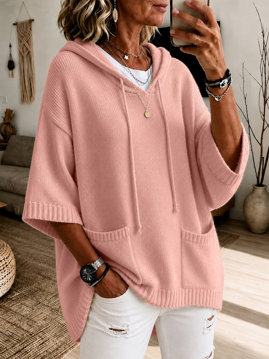 2026 Women'S Fall Winter Solid Color Hooded 3/4 Sleeve Cape Sweater Top with Drawstring And Double Pockets, Casual Easy Fashion Versatile Commute Home Vacation Outfit Pullover Top Women'S Clothing - pink