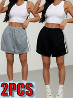 2pcs Women's 2pcs Shorts Suitable for Leisure, Outdoor & Home Wear - Elastic Stretch Waist Loose Fit Short with Side Stripe Design, Elastic Waistband, Non-Stretch Solid Color Shorts for Spring Summer Fall, Machine Washable American Casual - Gray+black