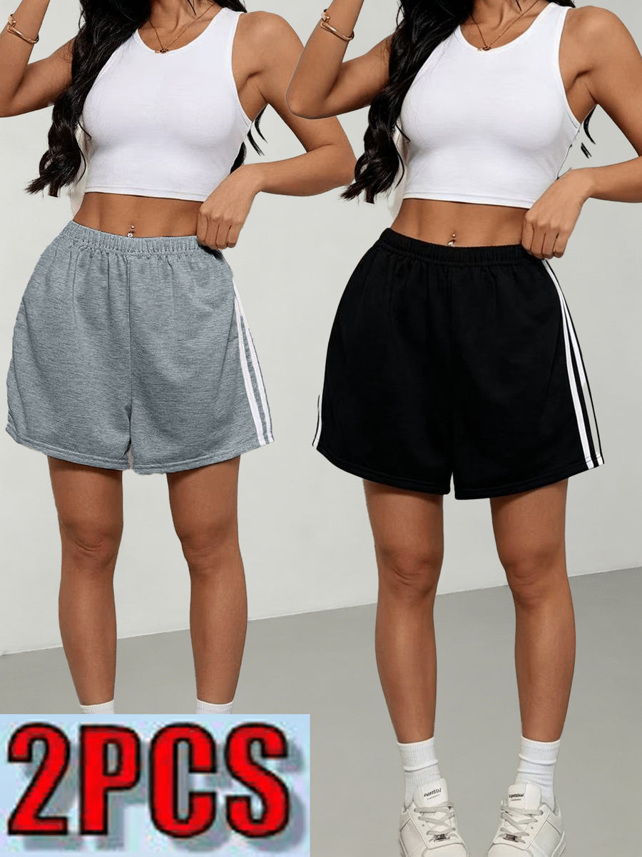 2pcs Women's 2pcs Shorts Suitable for Leisure, Outdoor & Home Wear - Elastic Stretch Waist Loose Fit Short with Side Stripe Design, Elastic Waistband, Non-Stretch Solid Color Shorts for Spring Summer Fall, Machine Washable American Casual - Gray+black