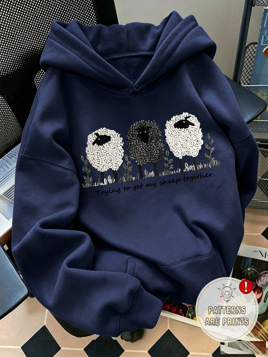Women's casual round neck sweatshirt - Cartoon creative sheep pattern print, regular version round neck sweatshirt, suitable for autumn and winter seasons, Women's clothing - Royal Blue
