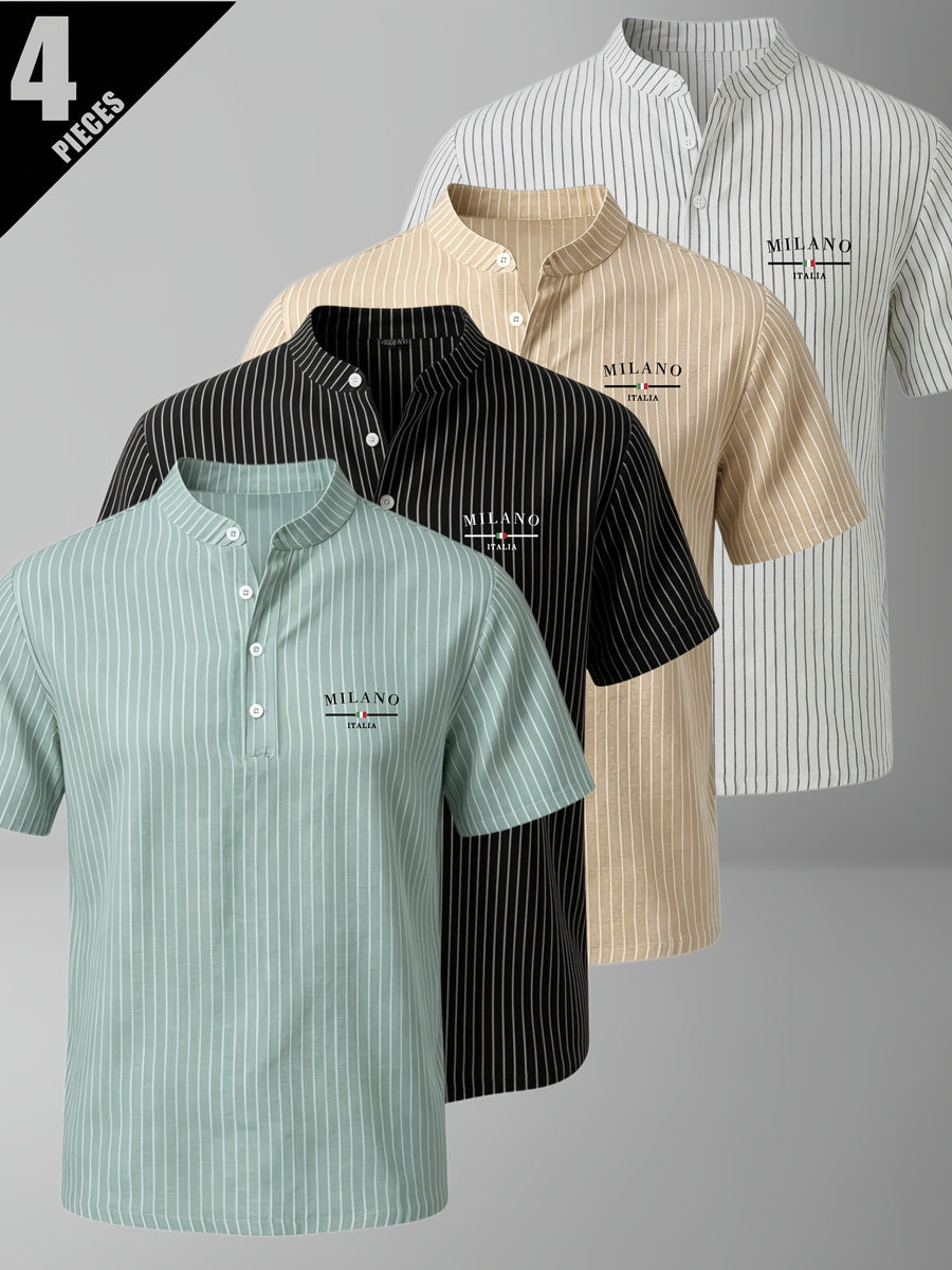 4pcs Men'S Summer Striped Linen Blend Henley Shirts, Milan Print Stand Collar Breathable Short Sleeve, Office Casual Versatile Top - Mixed Colors 1