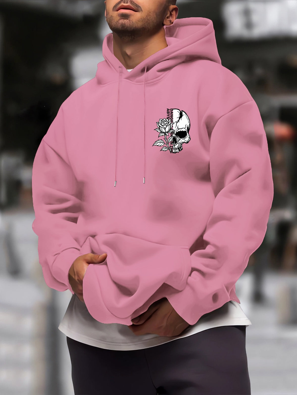 New Trendy Men'S Autumn And Winter Hooded Sweatshirt, Casual Everyday Drawstring Hoodie with Creative Design Print, Kangaroo Pouch Front Pocket, Unisex Tops - Pink Color