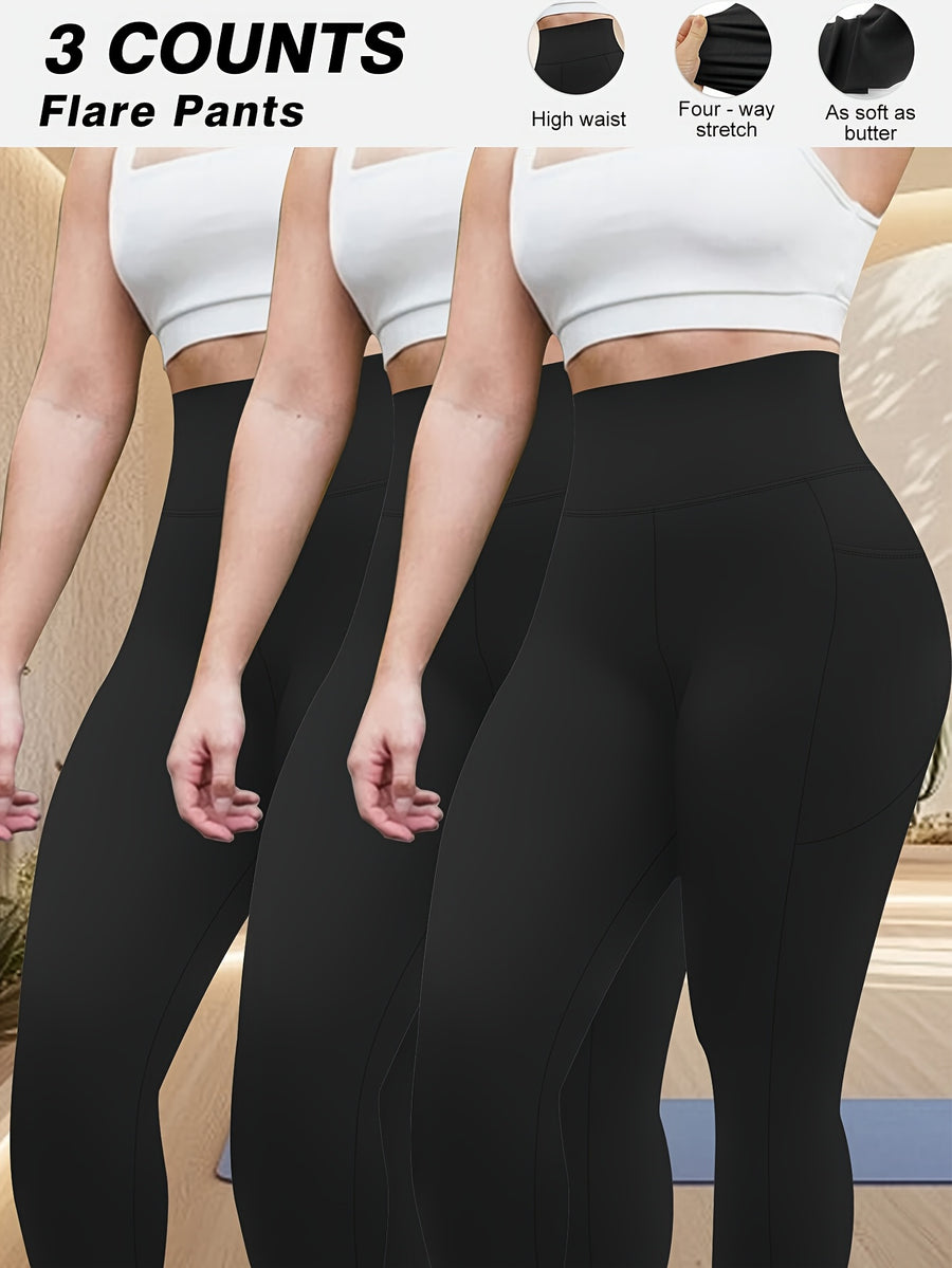 Plus Size - Plus Size - Set of 3 Plus-Size High-Waisted Tight Leggings for Women, Suitable for Outdoor And Workouts. The Fabric Is Highly Elastic, Providing Tummy Control And a Effect. Features Side Pockets for Phone Storage - 3 Black
