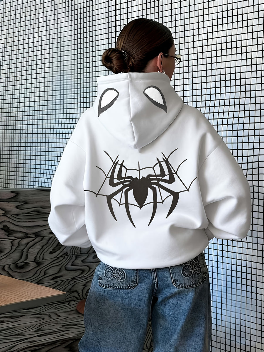 A Trendy Hooded Sweatshirt Featuring a Stylish and Versatile Spiderweb Print, Suitable for Autumn and Winter, Women's Clothing - White
