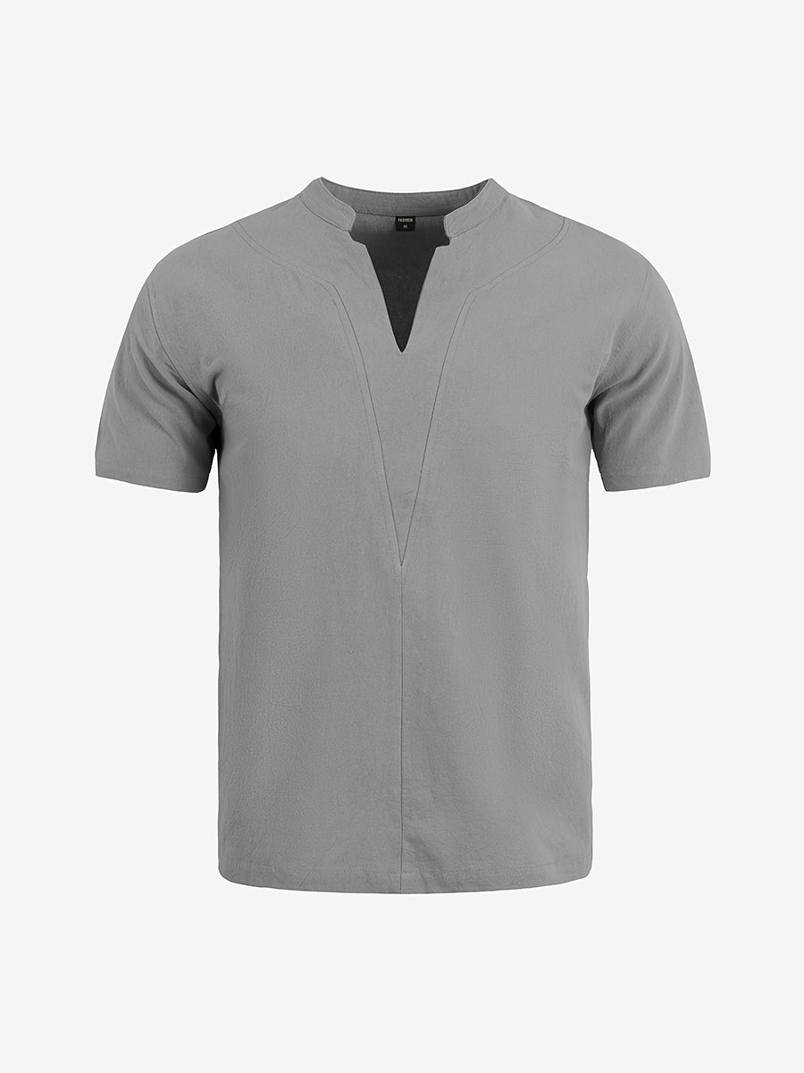 Men's Lightweight Linen Shirt Short Sleeve Summer Top - Breathable Relaxed Fit Stand Collar Beach Suitable for Travel, Resort Wear, Casual Vacation, Machine Washable Solid Color for Holiday Daily Outfit - Grey
