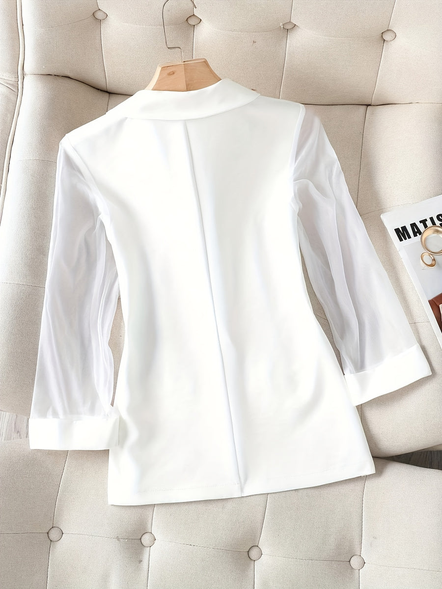 Women's Elegant Sheer Mesh Sleeve Blazer, Slim Fit Business Casual Cardigan Jacket - White