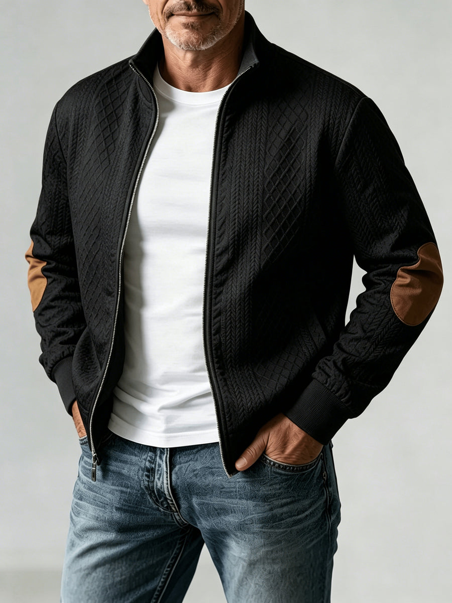 Spring/Autumn New Men's Stand Collar Rhombus Jacquard Baseball Jacket, Middle-Aged Business Casual Velvet Elbow Patch Design Knitted Cardigan, European and American Style Simple Versatile Solid Color Zipper Outerwear Top - Black