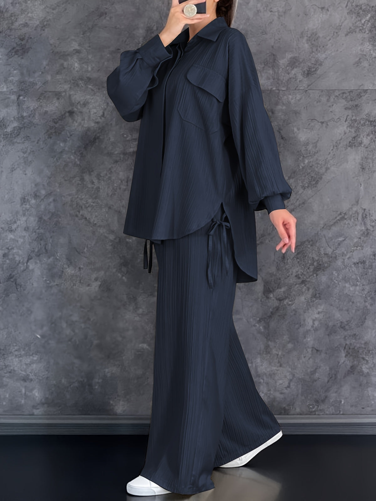 Autumn New Casual Comfortable Versatile Streetwear Long-Sleeve Collared Top with Pants 2pcs Set for Women, Belt Not Included - Navy blue color