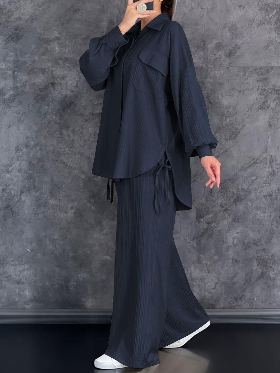 Autumn New Casual Comfortable Versatile Streetwear Long-Sleeve Collared Top with Pants 2pcs Set for Women, Belt Not Included - Navy blue color