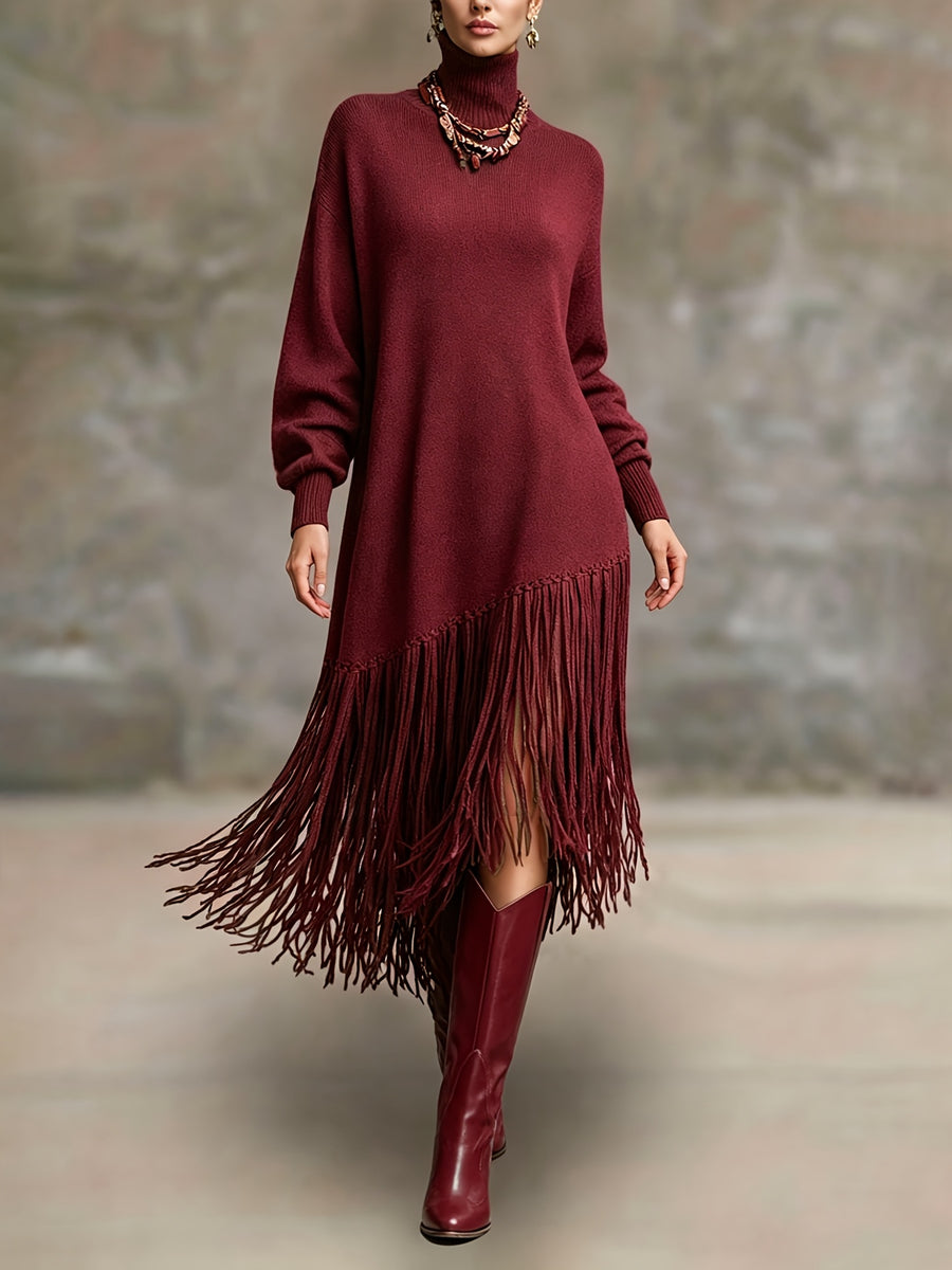 Women's Autumn New Arrival Bohemian Elegant Fringe Patchwork Hem Design St. Patrick's Day Natural Style Easter Atmosphere Vacation Knee-Length Dress - Burgundy