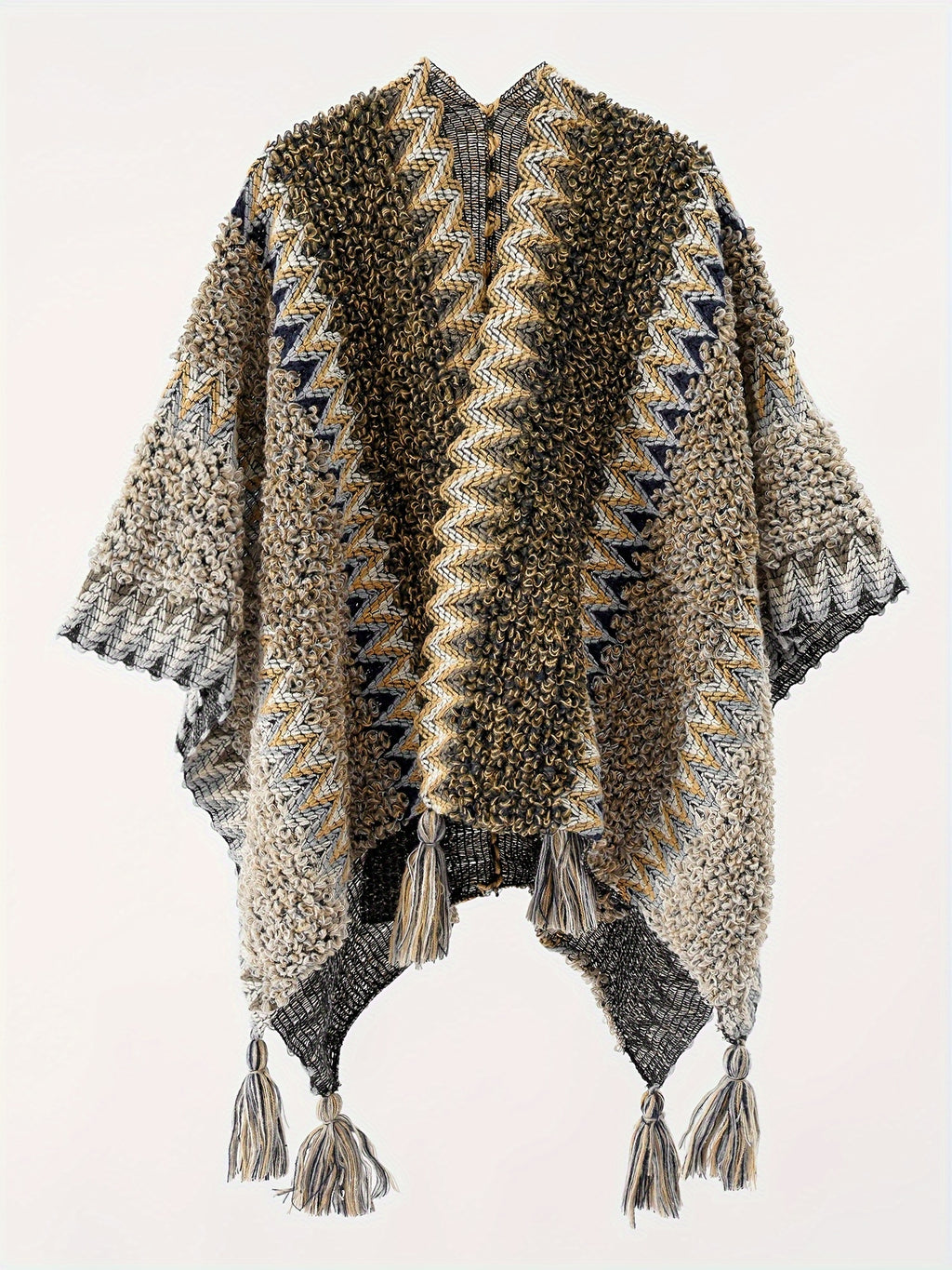 Tassel Striped Hollow-Out Airplane Blanket Cape Unisex Travel Coat - Grey