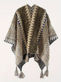 Tassel Striped Hollow-Out Airplane Blanket Cape Unisex Travel Coat - Grey