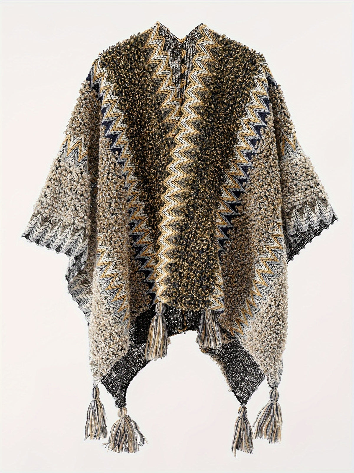 Tassel Striped Hollow-Out Airplane Blanket Cape Unisex Travel Coat - Grey
