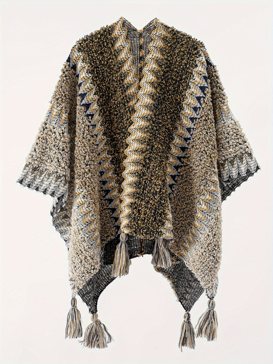 Tassel Striped Hollow-Out Airplane Blanket Cape Unisex Travel Coat - Grey