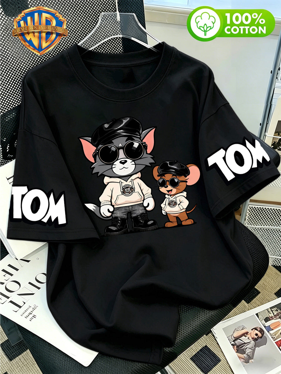 Warner Bros. Official Cartoon Print Crew Neck 100% Cotton T-Shirt, a Versatile and Fashionable Crew Neck Top for Men. Made from 100% Pure Cotton Fabric, It Offers Casual Comfort and a Relaxed Fit. This Short-sleeve T-shirt Is Perfect for Daily Summer - Black