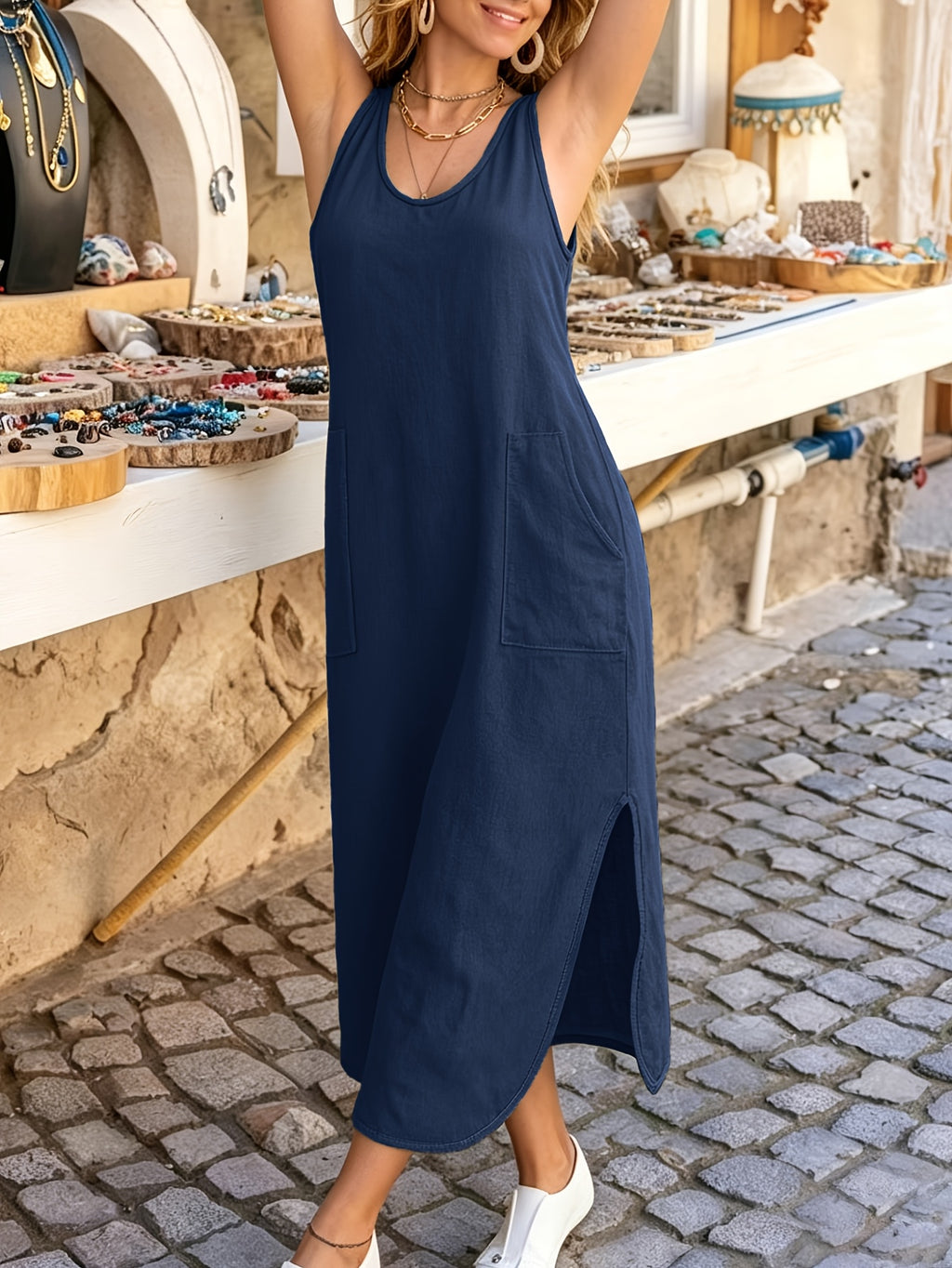 Sleeveless Casual Dress | Crew Neck, Solid Color, Split Detail, Fitted, Spring/Fall, Brand: Amnfuil - Navy Color