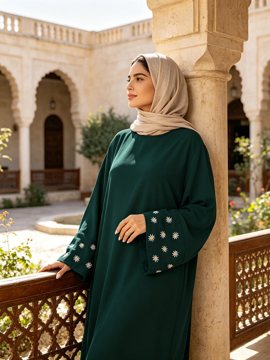 1pc (Scarf Not Included) This Fashionable, Elegant And Casual Abaya Dress with Embroidered Small Chrysanthemums at The Cuffs, No Scarf, Solid Color, Suitable for Daily Wear, Loose And Comfortable for Women. Islamic Clothing for Women Kleider Damen - Dark Green