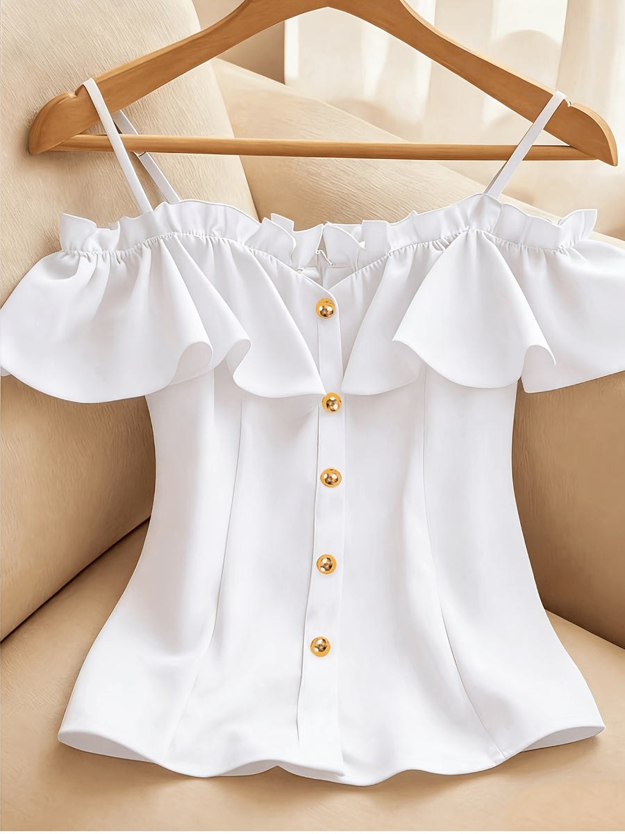 Women's Summer Casual Solid Color Off-Shoulder Ruffle Camisole Tank Top - White