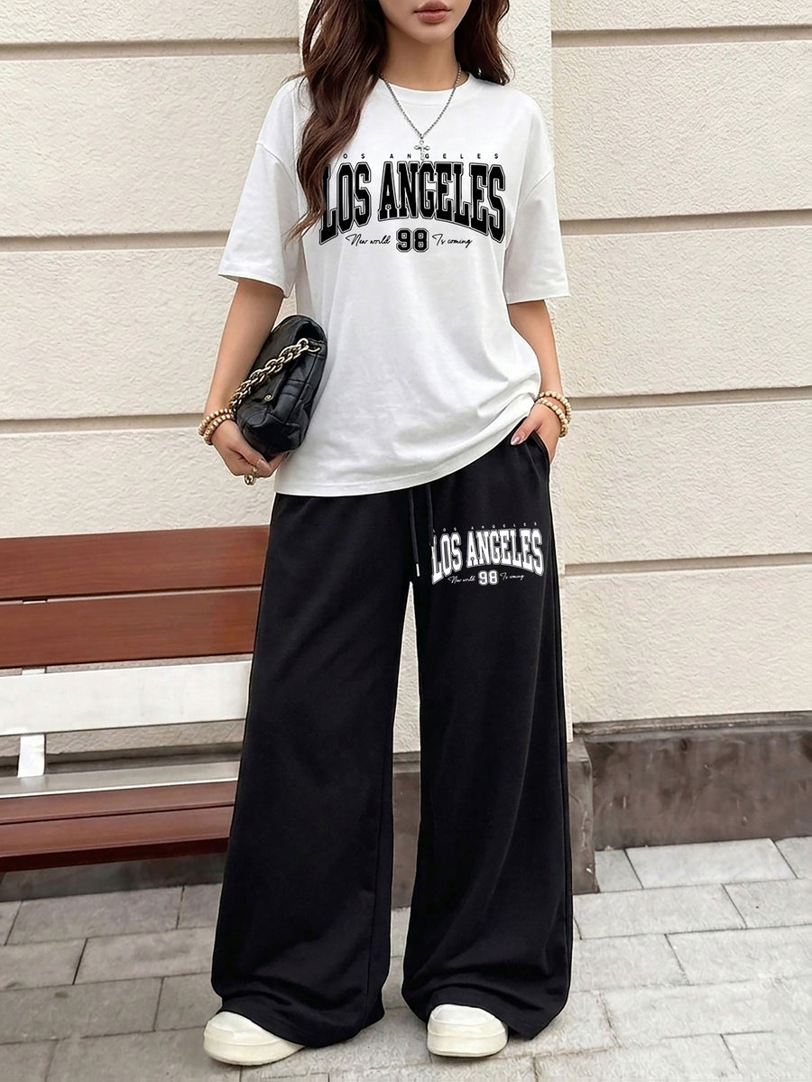 Women's Casual Streetwear Trend Los Angeles 98 Print Crew Neck Short Sleeve Top and Loose Drawstring Long Pants 2pcs Set, Women's Fashion Outfit, Suitable for Summer Streetwear - Black+White