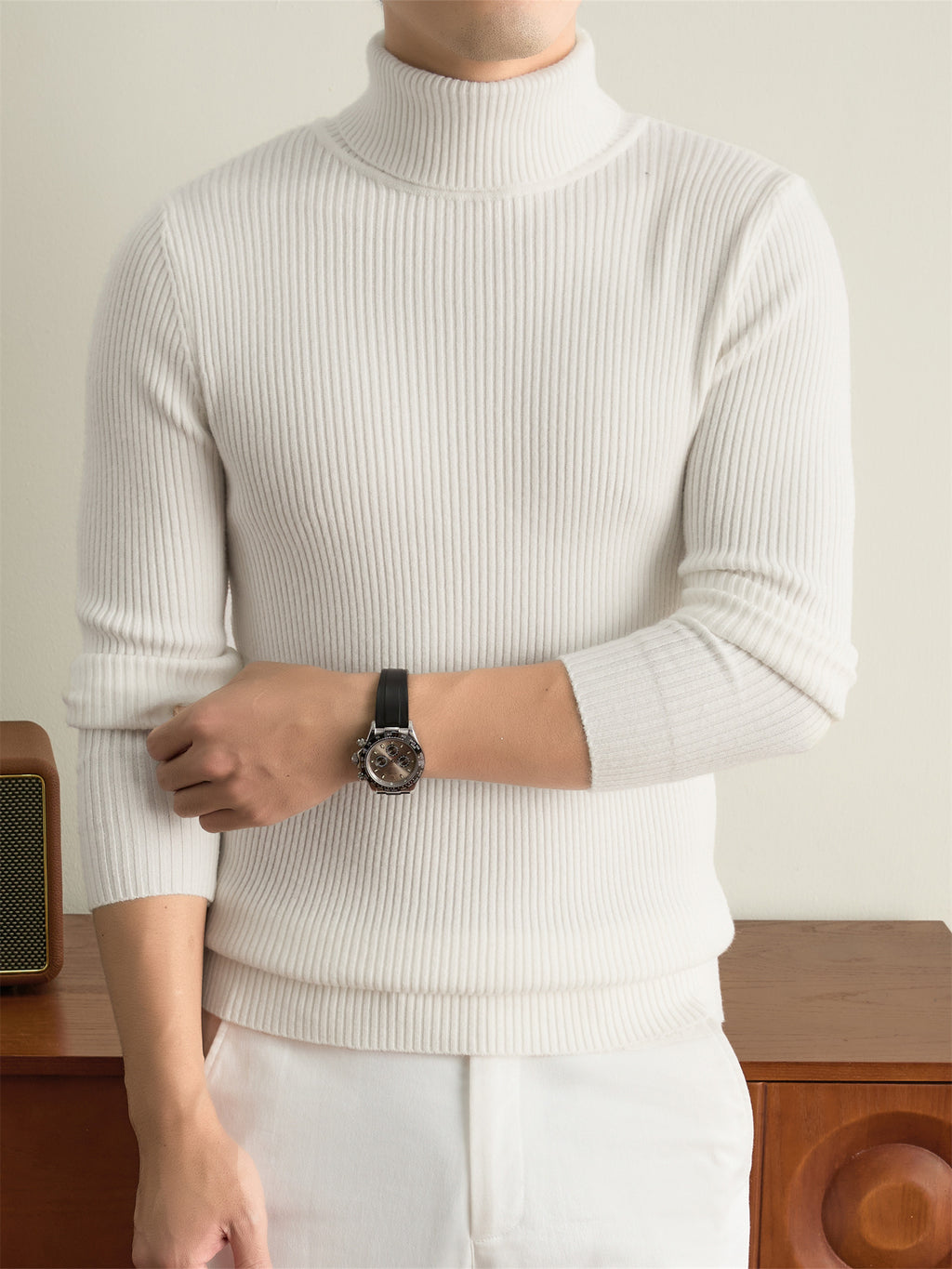 Men's Solid Color High Neck Sweater - Warm Winter Knit Pullover with Turtleneck Collar, Long Sleeve Basic Knitwear Suitable for Casual & -Casual Outfits, Hand Washable for Office Layering - White
