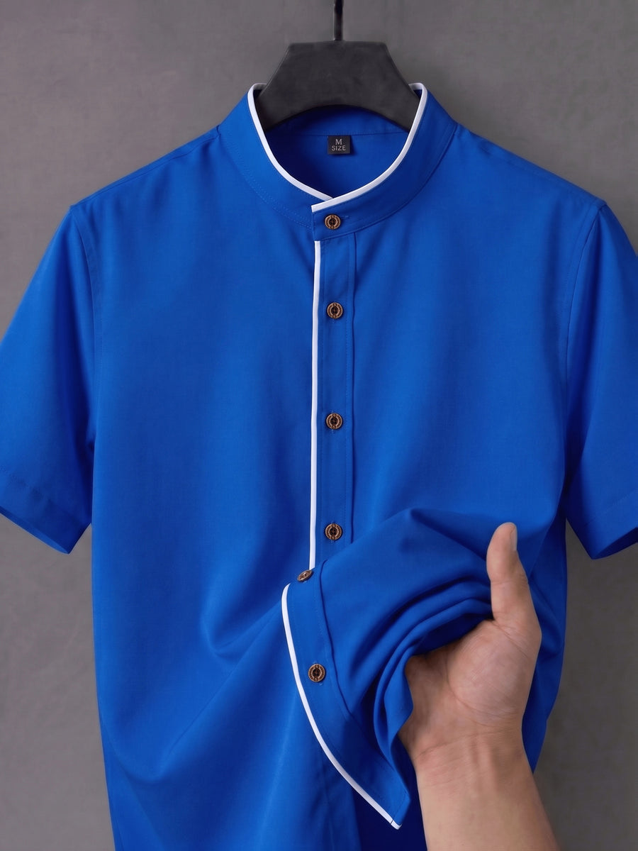 Men'S Short-Sleeved Shirt, Henley Collar/Stand-Up Collar Design, Placket Splicing Contrast Color Design - Royal Blue