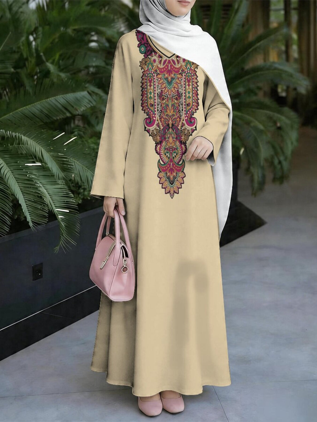 New Middle Eastern Style Muslim Elegant Robe, Soft Beige Base Neckline Exquisite Paisley Vintage Digital Print Women'S Long Abaya, Non-Embroidered Craft, Rich And Layered Pattern Colors, Loose And, Smooth Fabric, Festive Prayer And Banquet Wear - Mixed colors